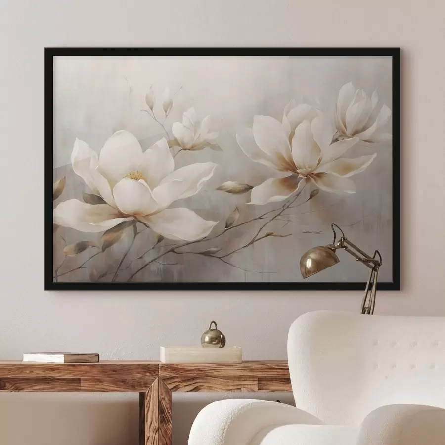 Fototapetai Tekstūruotos senovinės baltos magnolijos gėlės ant šakų šviesiai rudame fone f44869