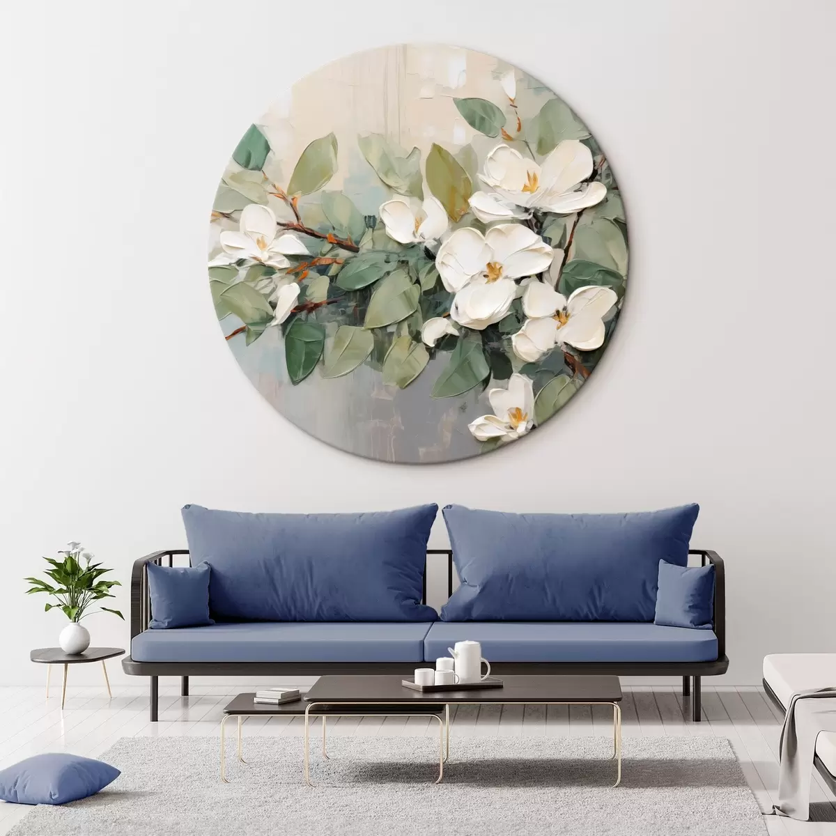 Apvalūs paveikslai Magnolijos gėlės su žaliais lapais ant šakos, impasto tekstūros stilius, švelni spalvų paletė r44853