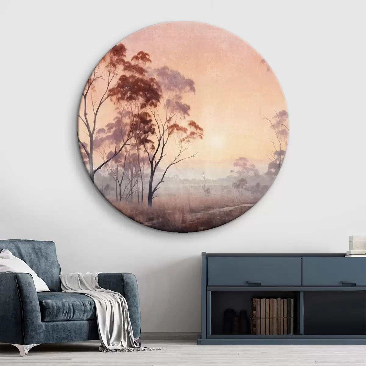 Apvalūs paveikslai Lauko su aukšta žole ir medžiais peizažas, fone šviečia saulė r44854