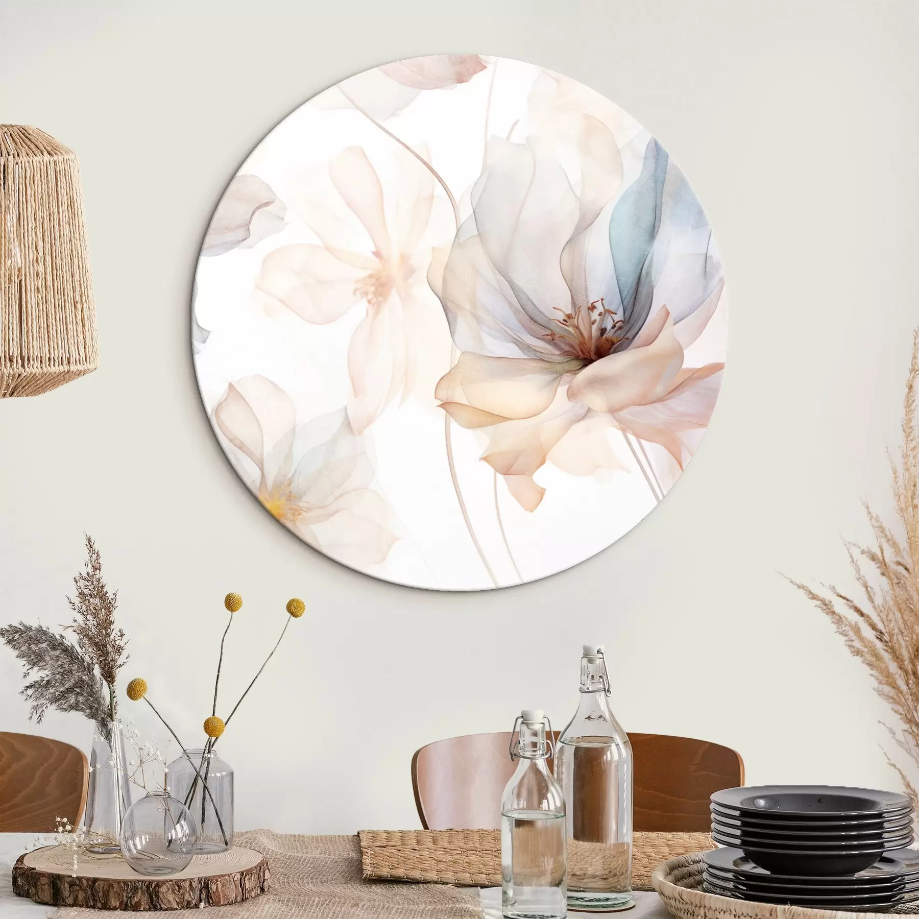 Paveikslėlis Permatomos tekstūruotos pastelinių spalvų gėlės, subtilūs žiedlapiai, subtilios linijos baltame fone r44855