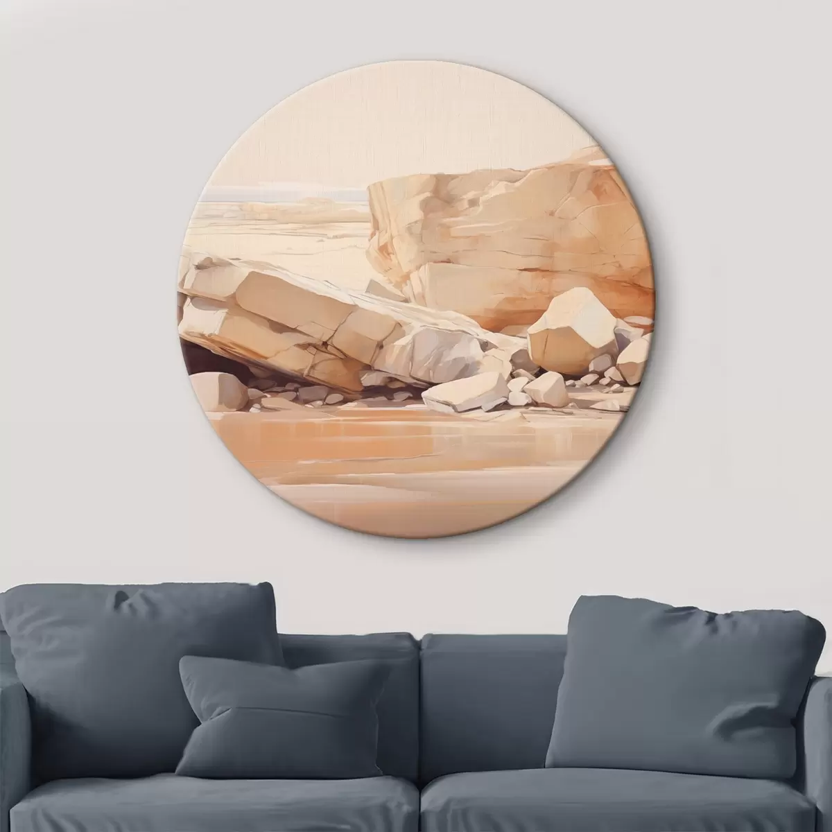 Apvalūs paveikslai Minimalistinis uolėtas paplūdimio kraštovaizdis su dideliais šviesiai rudais rieduliais ir skaidriu vandeniu r44865