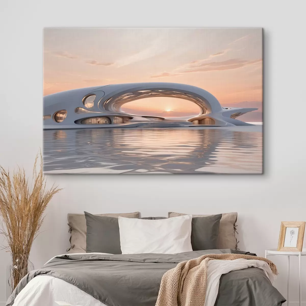 Paveikslėlis Futuristinis pastatas ant vandens rausvo saulėlydžio fone s44884