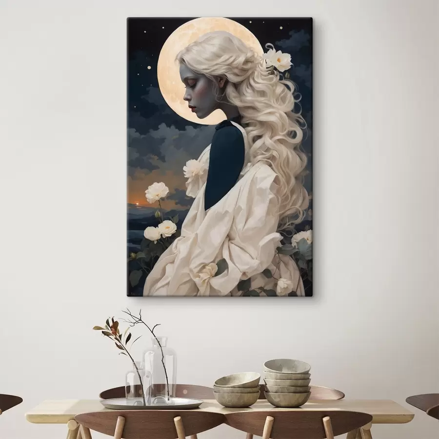 Paveikslėlis Mergaitės portretas su baltais plaukais ir mėnulio pilnatimi s44887