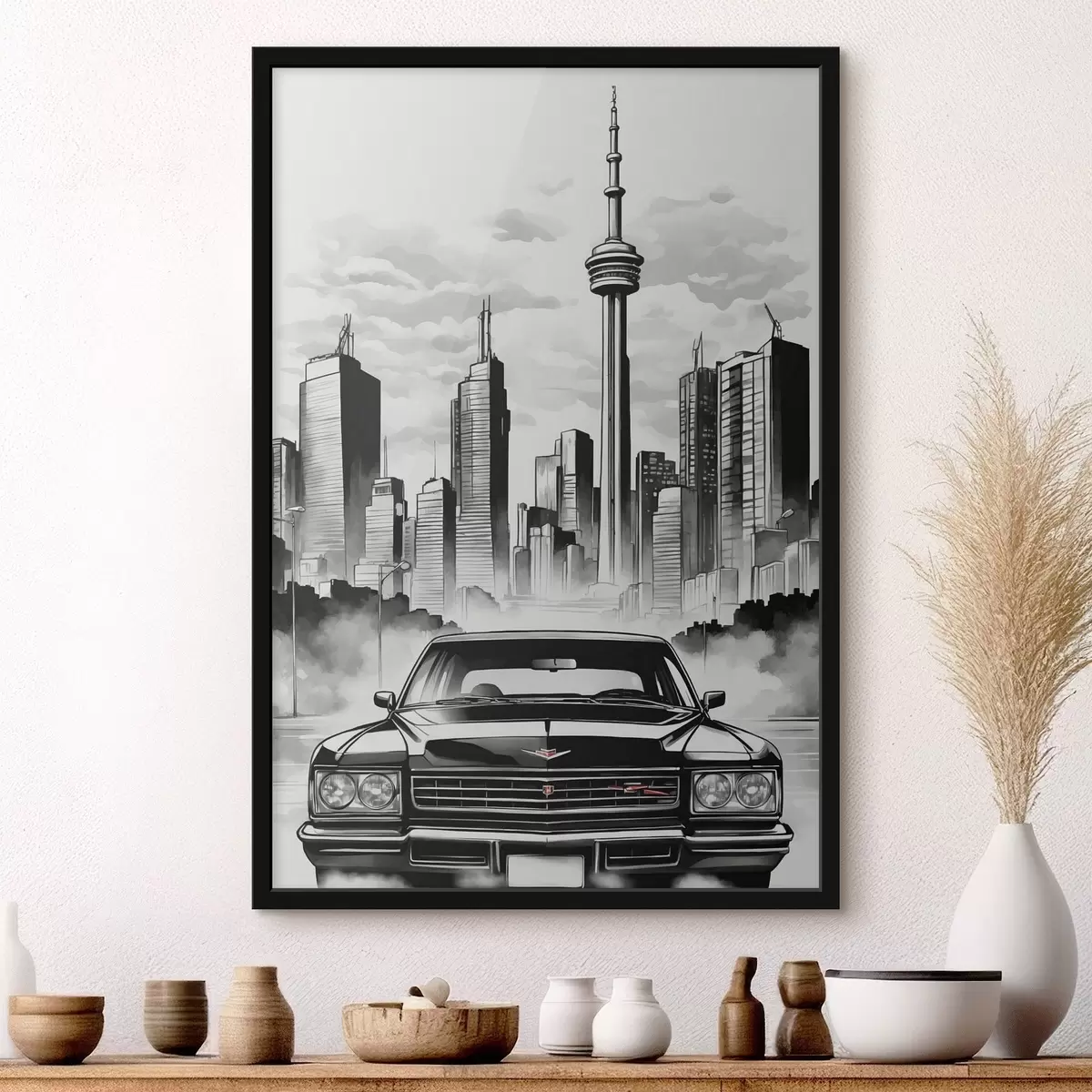 Plakatas Retro automobilis nespalvoto miesto su dangoraižiais fone f44871