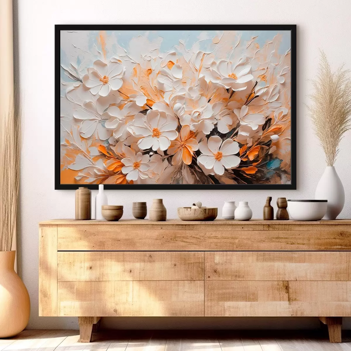 Plakatas Baltos ir persikinės gėlės mėlyname fone su pastelinėmis spalvomis f44879