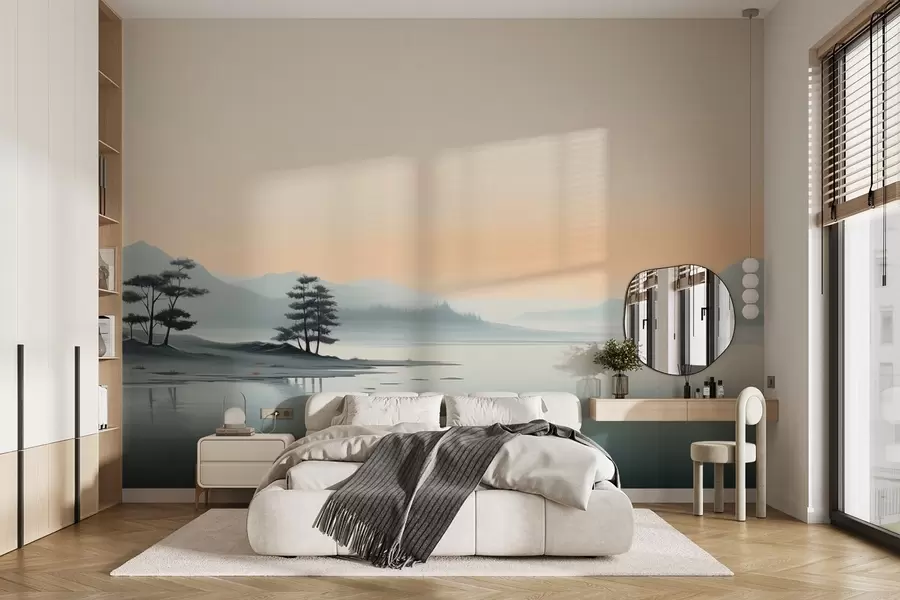Fototapetai Minimalistinis kraštovaizdis su miglotais kalnais ir ežeru w09151
