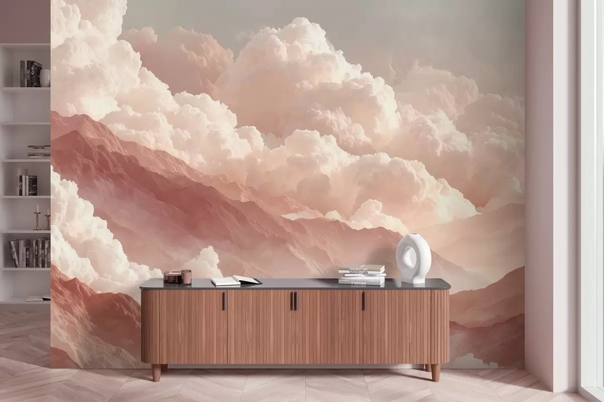 Fototapetai Šiltas saulėtekis virš kalnų su pūkuotais debesimis w09226