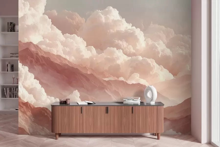 Fototapetai Šiltas saulėtekis virš kalnų su pūkuotais debesimis w09226