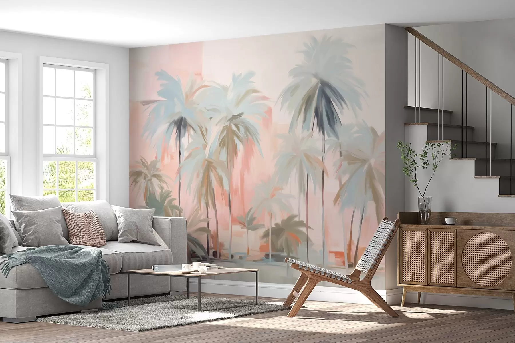 Fototapetai Abstrakčios minimalistinės pastelinės atogrąžų palmės švelnių rožinių ir persikinių atspalvių fone w09212