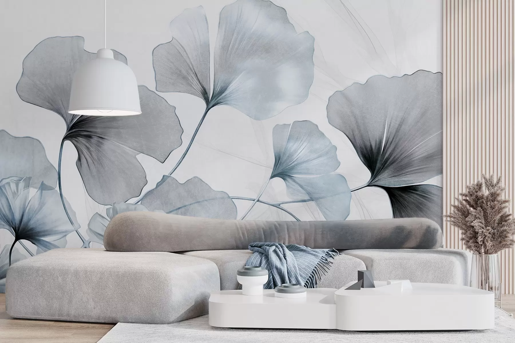 Fototapetai Prislopintų mėlynų ir pilkų atspalvių ginkmedžio lapai, švelnios tekstūros akvarelės efektas, šviesus fonas w09215v1