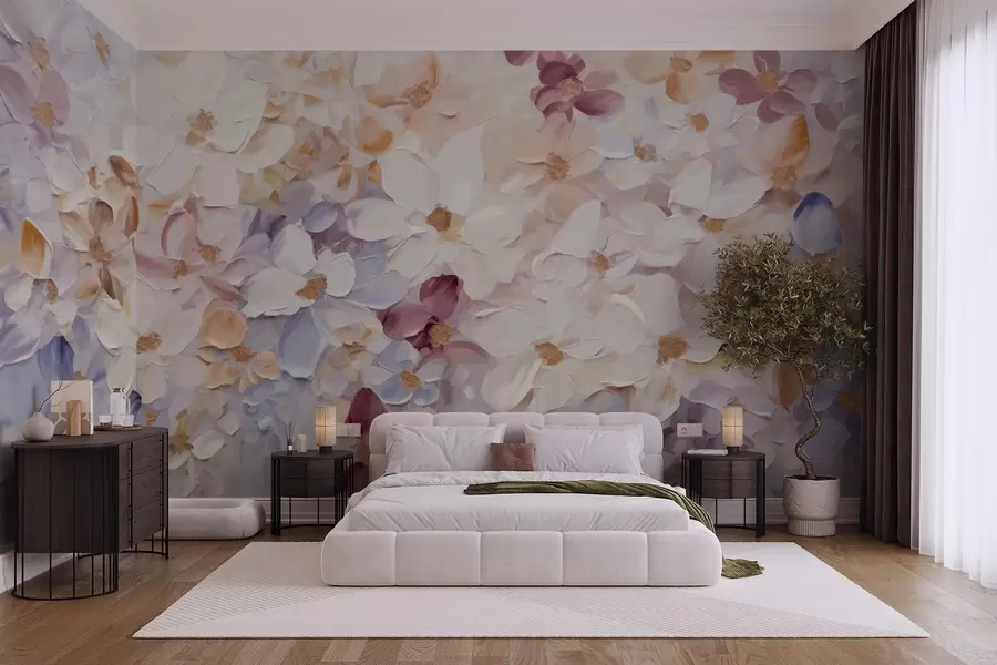 Fototapetai Gėlių sodo imitacija aliejiniais dažais su baltomis, rausvomis ir oranžinėmis gėlėmis, švelnūs potėpiai, pastelinės prislopintos spalvos w09236