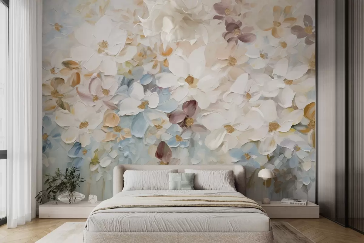 Fototapetai Gėlių sodo imitacija aliejiniais dažais su baltomis, mėlynomis ir oranžinėmis gėlėmis, švelnūs potėpiai, pastelinės prislopintos spalvos w09236v1