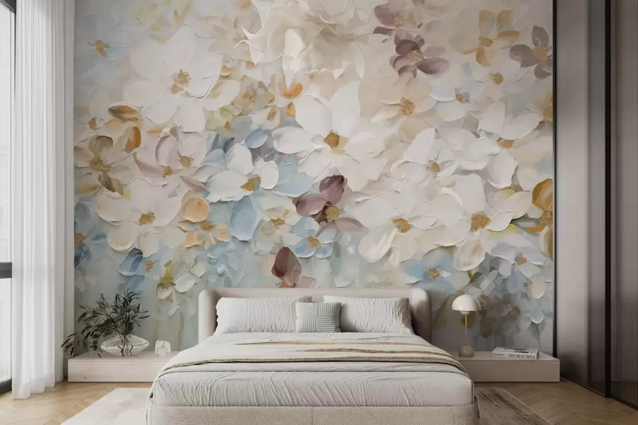 Fototapetai Gėlių sodo imitacija aliejiniais dažais su baltomis, mėlynomis ir oranžinėmis gėlėmis, švelnūs potėpiai, pastelinės prislopintos spalvos w09236v1