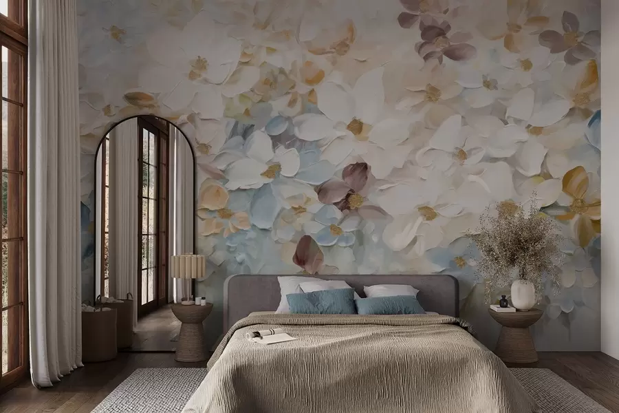 Fototapetai Gėlių sodo imitacija aliejiniais dažais su baltomis, mėlynomis ir oranžinėmis gėlėmis, švelnūs potėpiai, pastelinės prislopintos spalvos w09236v1