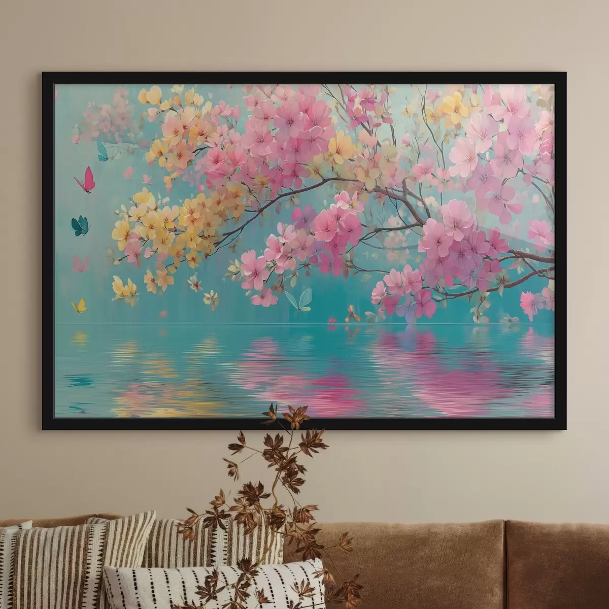 Plakatas Žydinti šaka virš vandens akvarelės stiliumi f44844