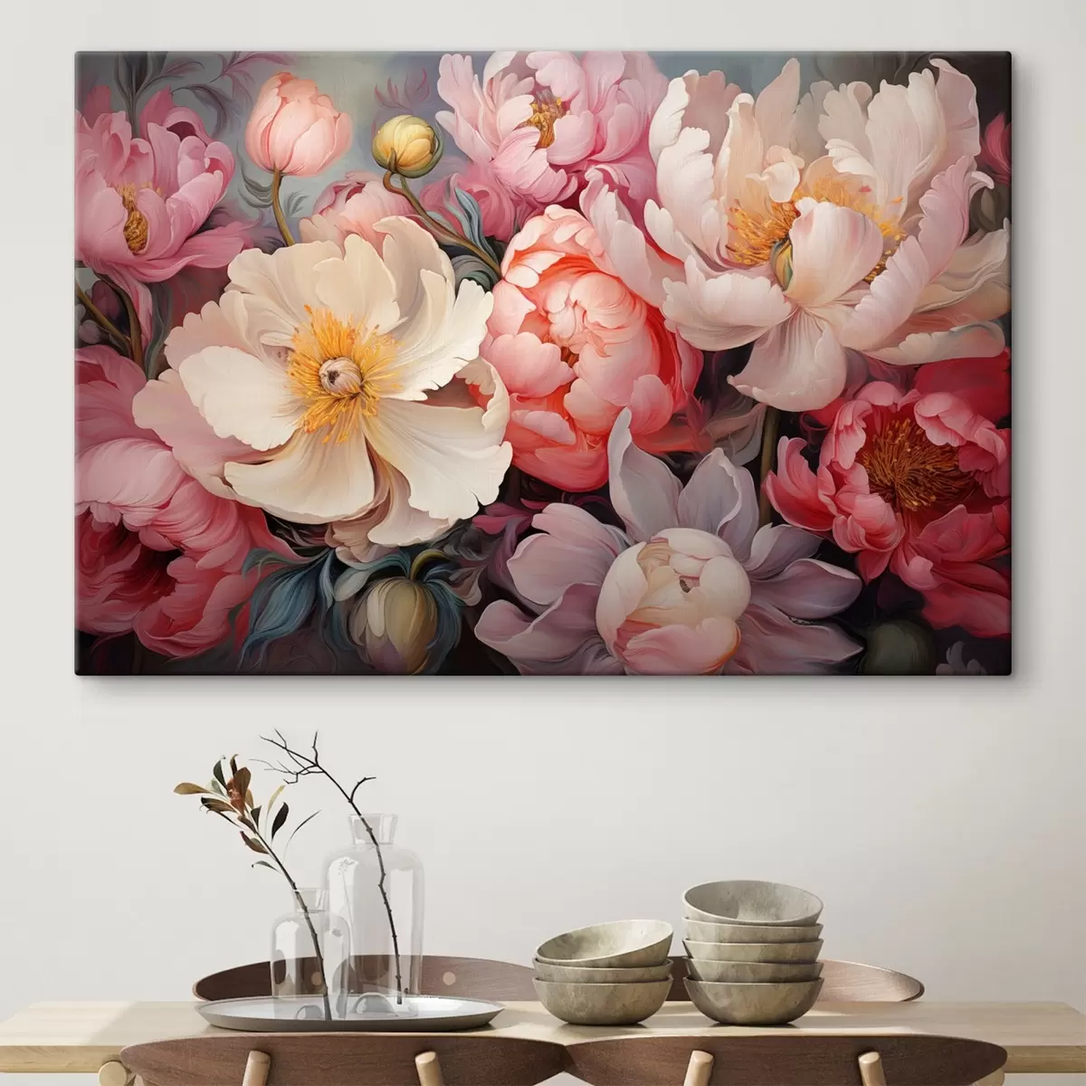 Paveikslėlis Sodrūs rožinių atspalvių aliejinės tapybos stiliaus bijūnai s44936