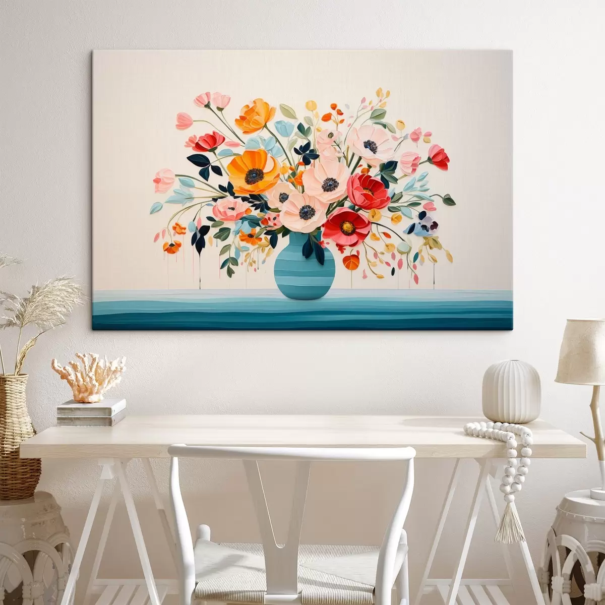 Paveikslėlis Spalvinga puokštė mėlynoje dekoratyvinio stiliaus vazoje s44937