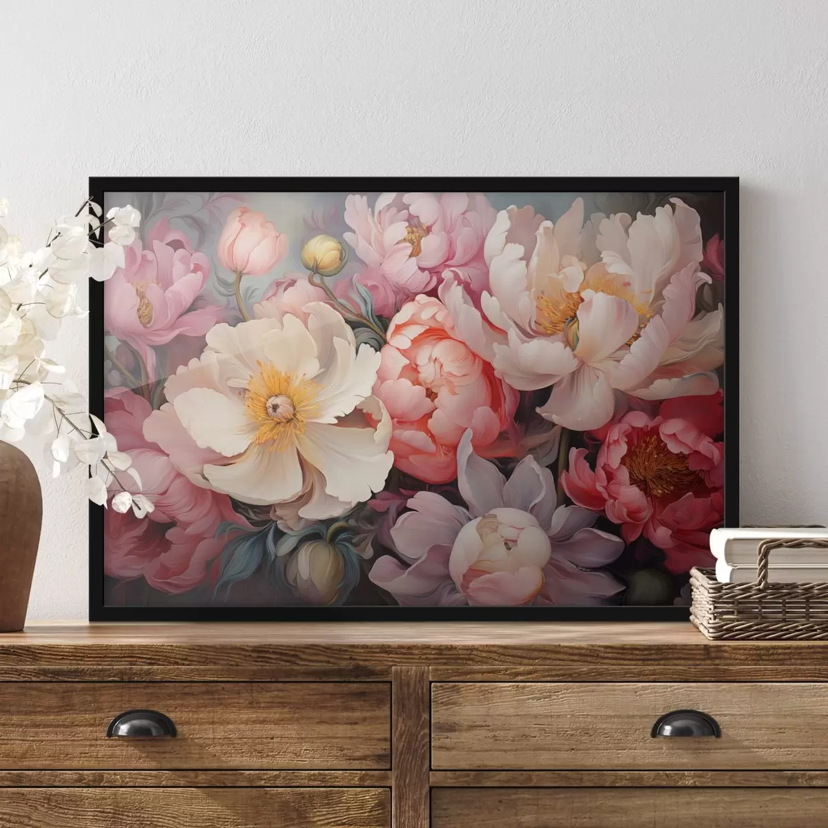 Plakatas Sodrūs rožinių atspalvių aliejinės tapybos stiliaus bijūnai f44936