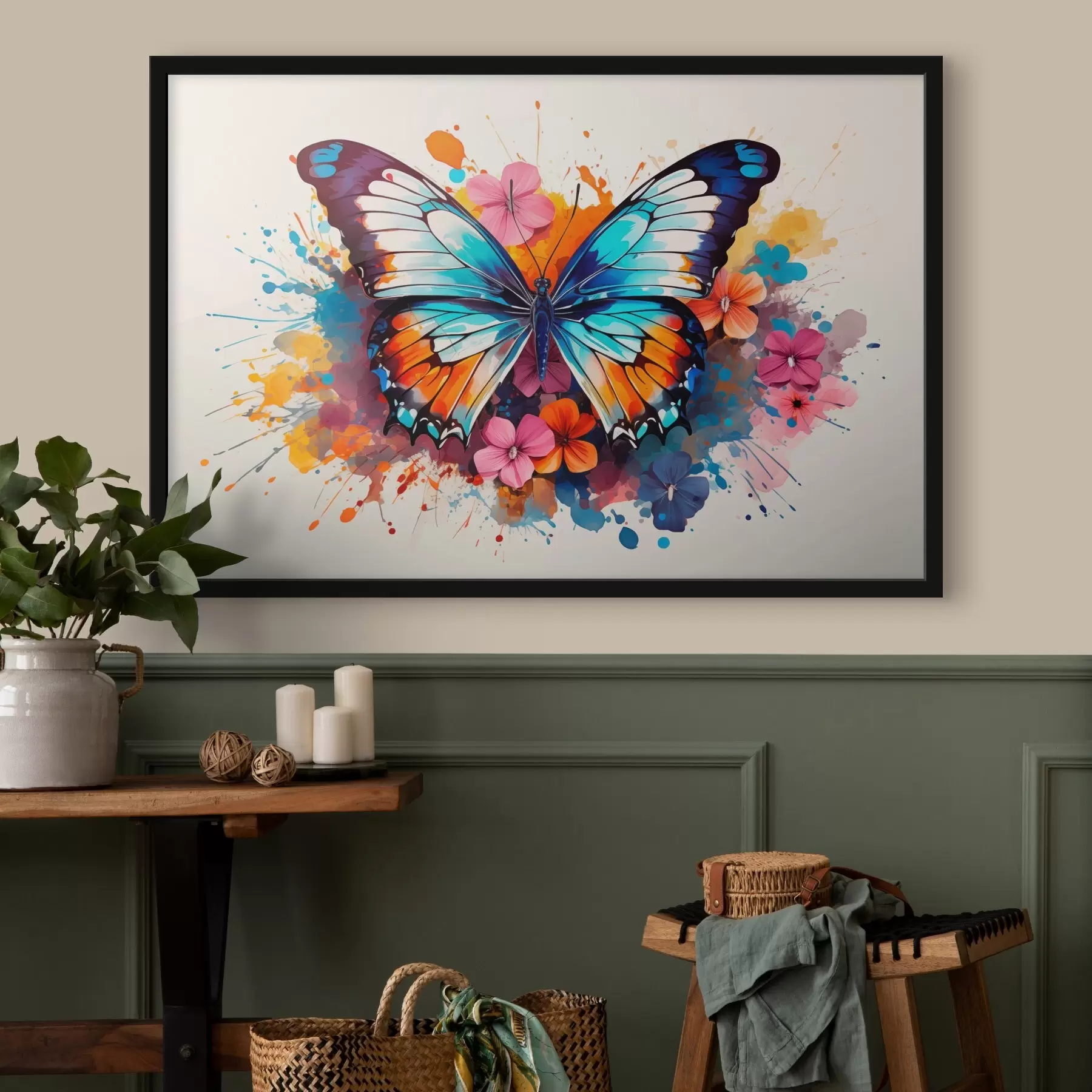 Fototapetai Dinamiška drugelio ir gėlių dėmių kompozicija meno stiliumi f44943