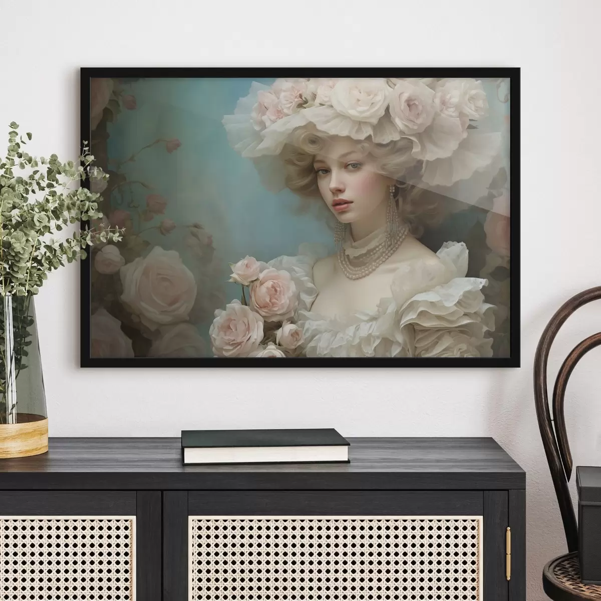 Plakatas Elegantiška dama su skrybėle ir gėlėmis meniniu stiliumi f44944