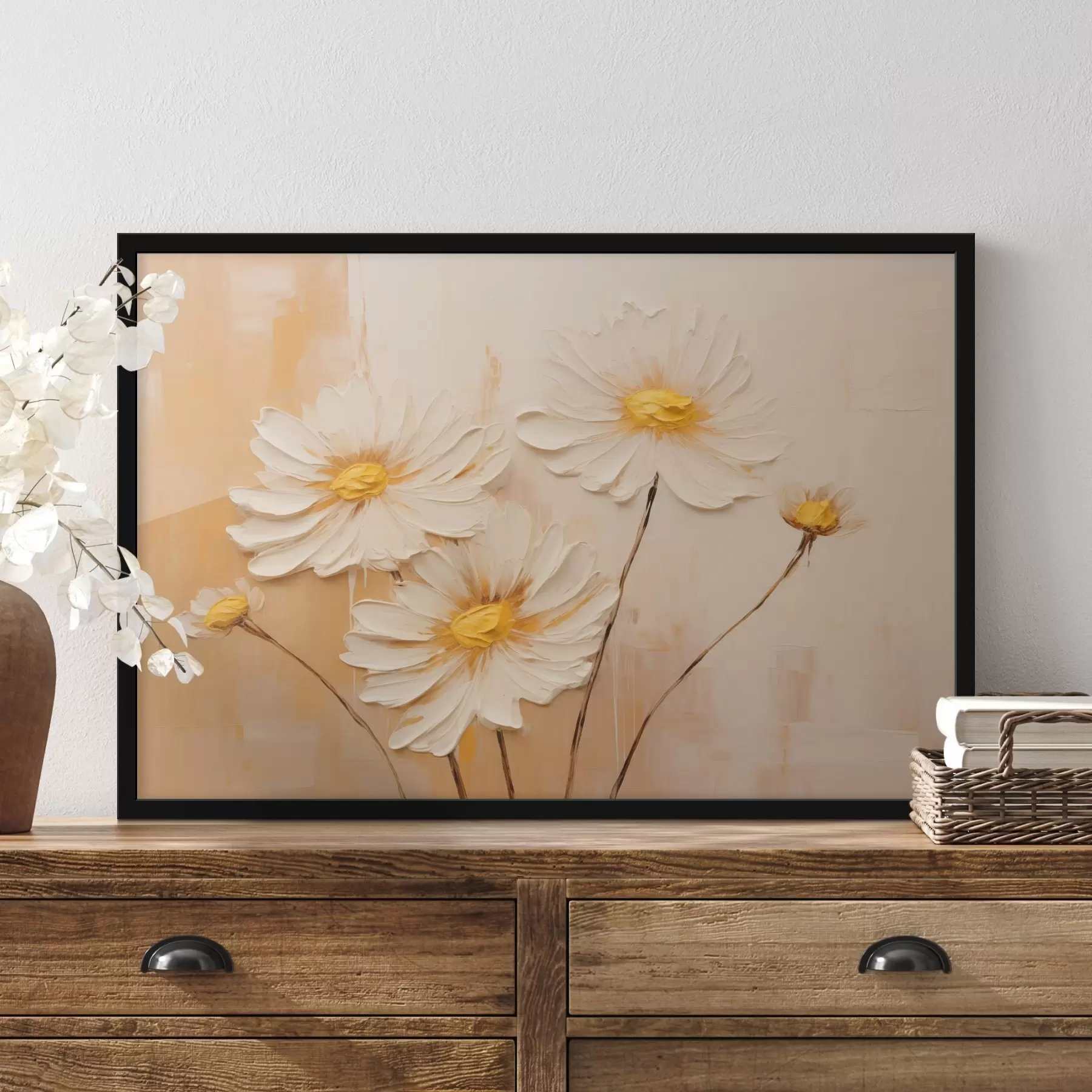 Fototapetai Abstrakčios gėlės oranžinės spalvos fone aliejinės tapybos stiliumi f44945