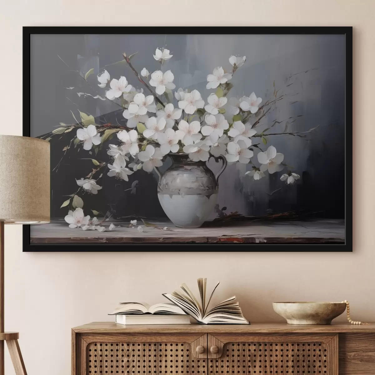 Plakatas Žydinčios šakos vazoje tamsiame fone vaizdingu stiliumi f44949