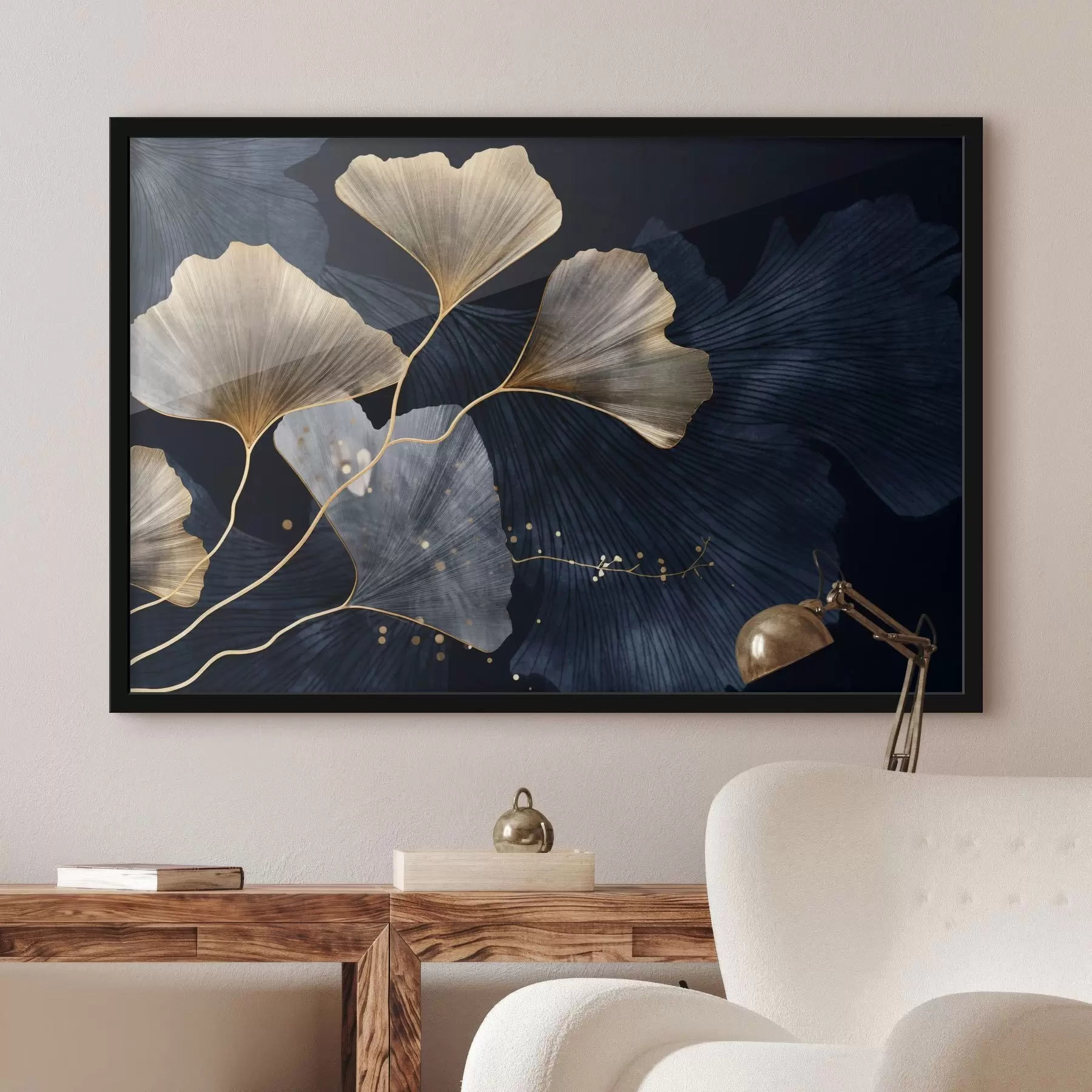 Paveikslėlis Ginkmedžio lapai geltonos ir mėlynos spalvos, elegantiškas tamsus fonas, modernus menas, minimalistinis stilius, įkvėptas gamtos f44921