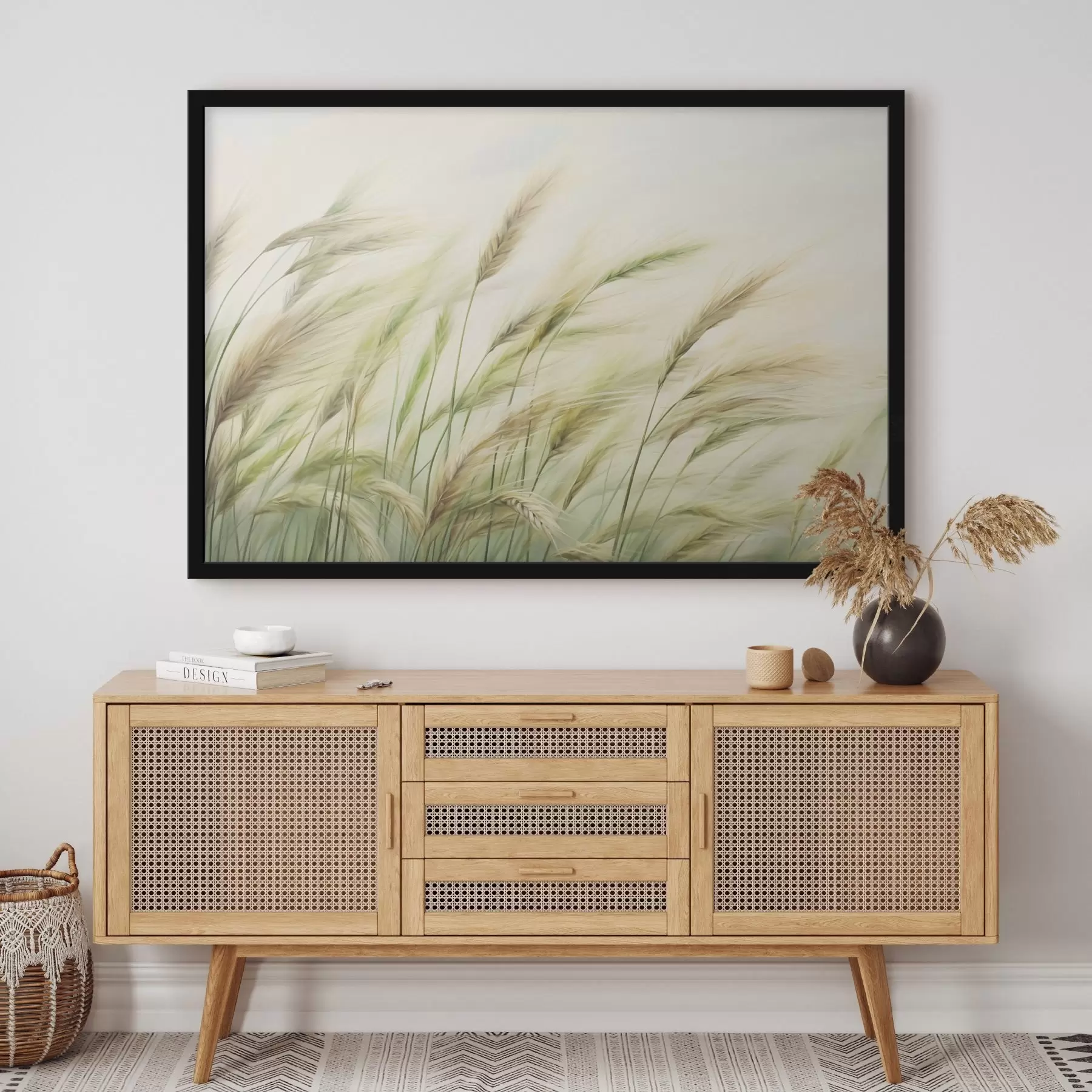 Fototapetai Kviečių laukas su geltonomis ir žaliomis javų varpomis, švelnūs teptuko potėpiai ir šviesi spalvų paletė, natūrali atmosfera f44923