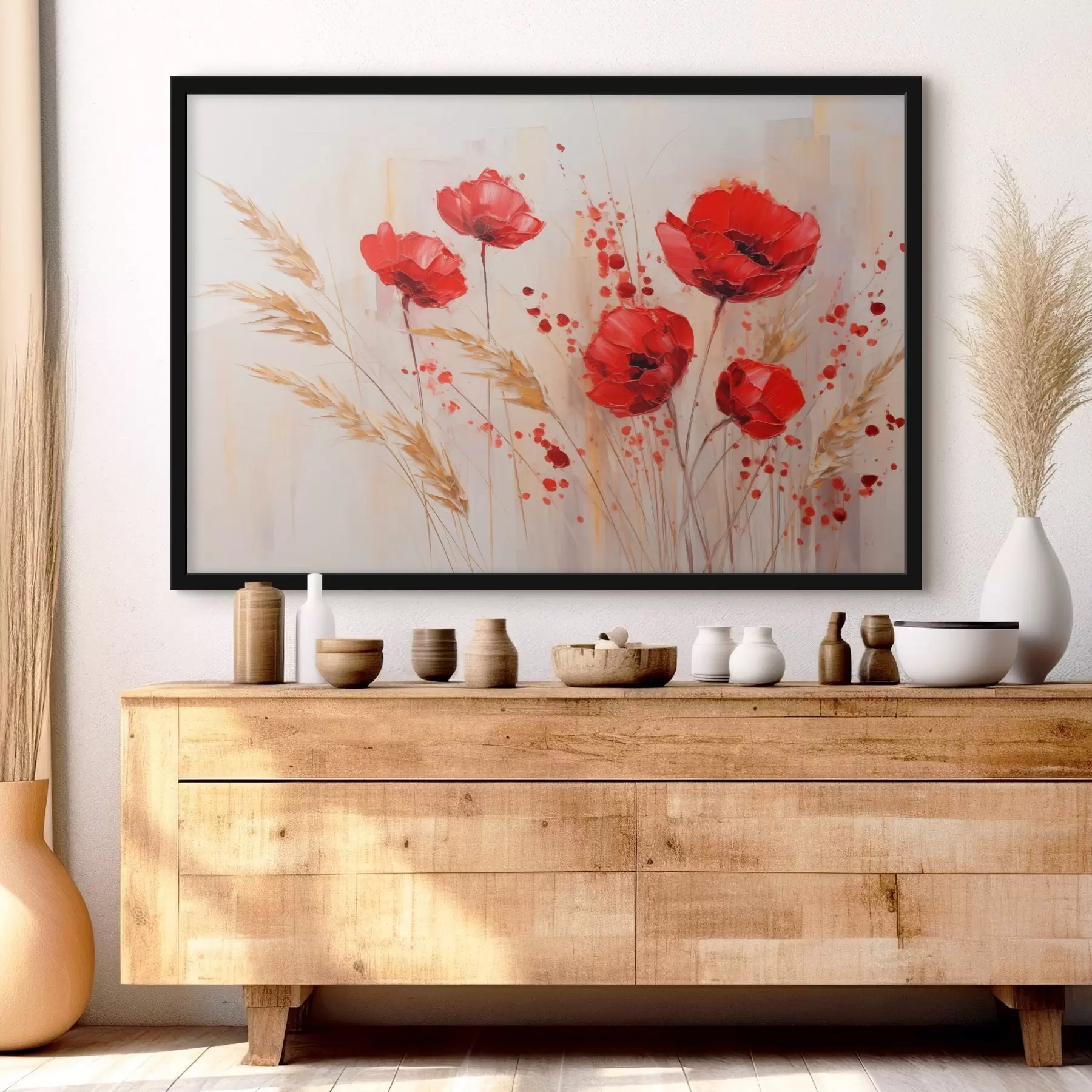 Fototapetai Raudonų aguonų žiedai su geltonais kviečių stiebais švelniame neutraliame fone su raudonų dažų purslais f44926