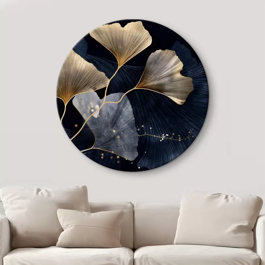 Paveikslėlis Ginkmedžio lapai geltonos ir mėlynos spalvos, elegantiškas tamsus fonas, modernus menas, minimalistinis stilius, įkvėptas gamtos r44921