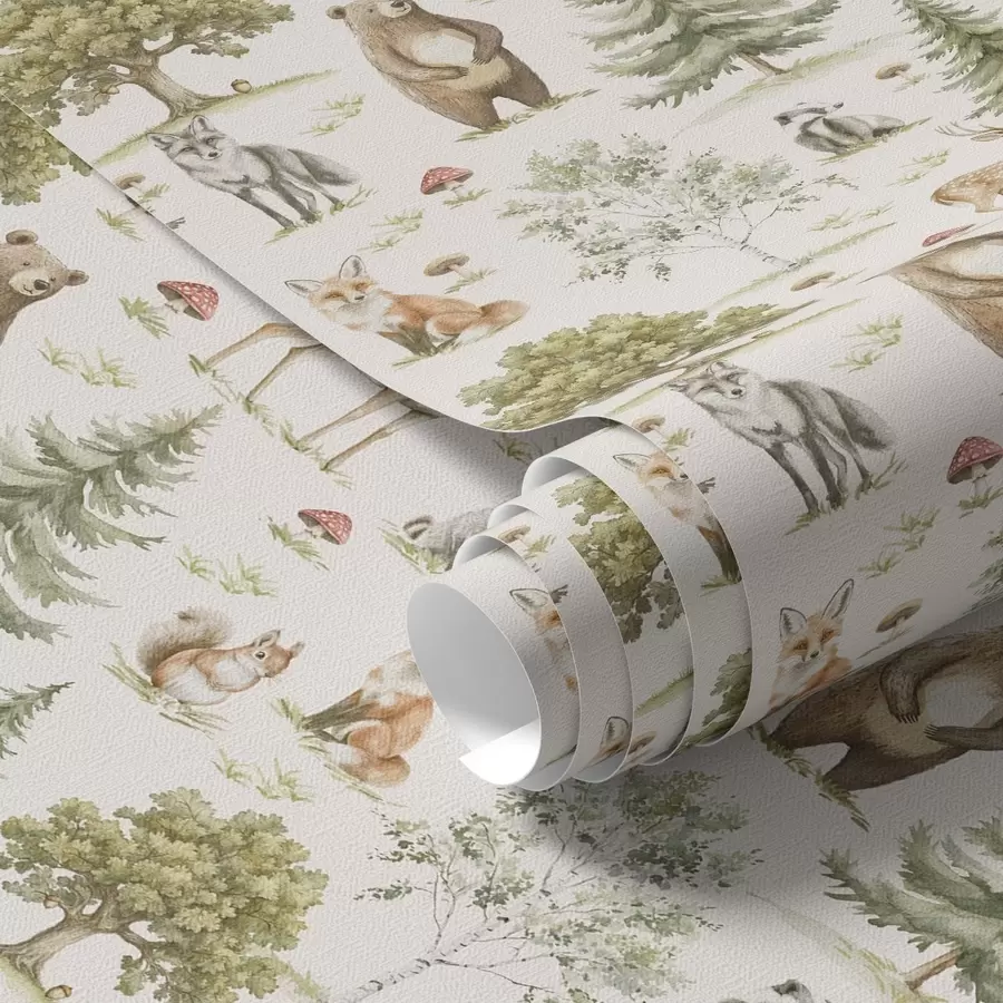 Fototapetai Miško gyvūnai, medžiai ir grybai švelniu akvarelės stiliumi a00212