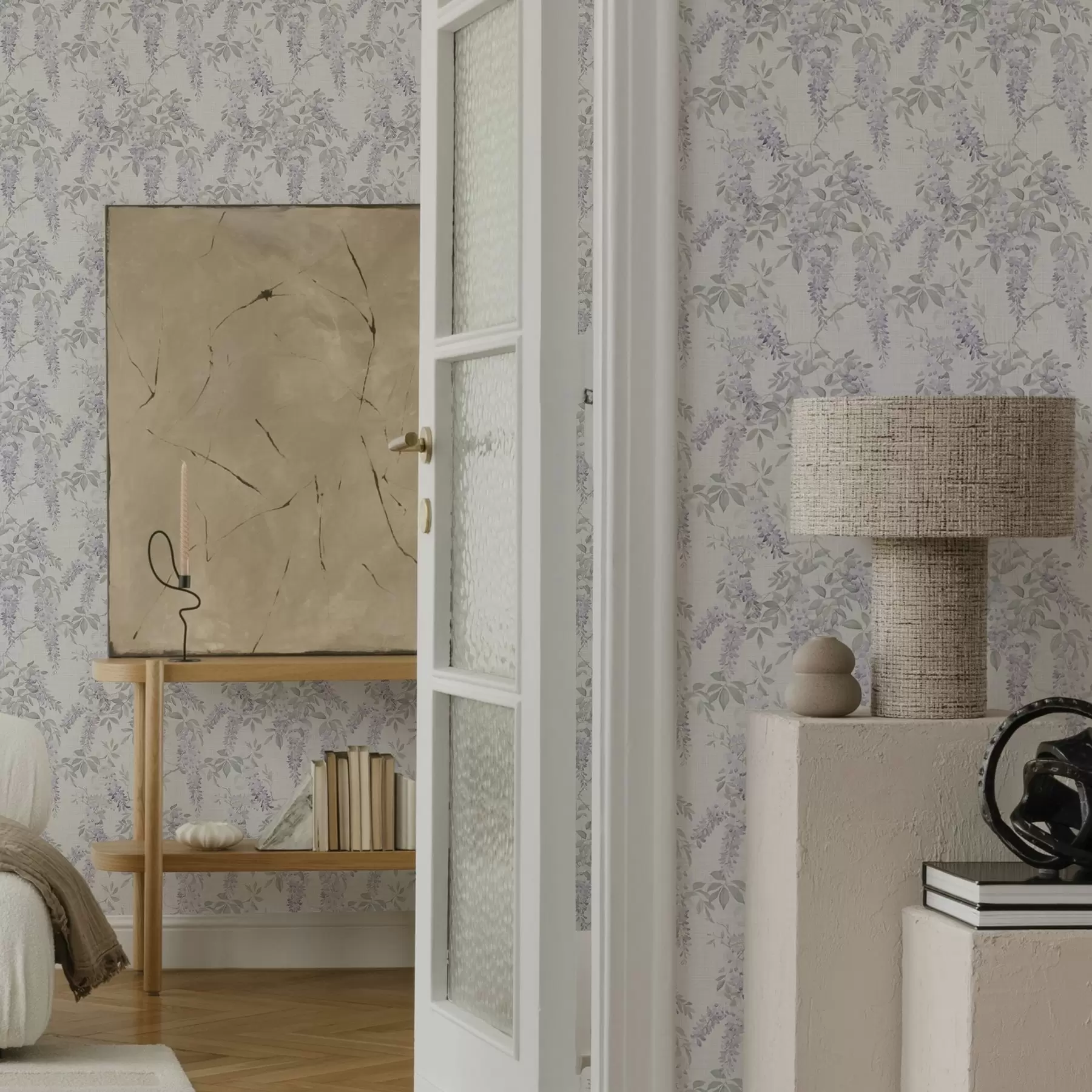 Fototapetai Vijoklinė visterija baltame fone, akvarelės stilius a00239