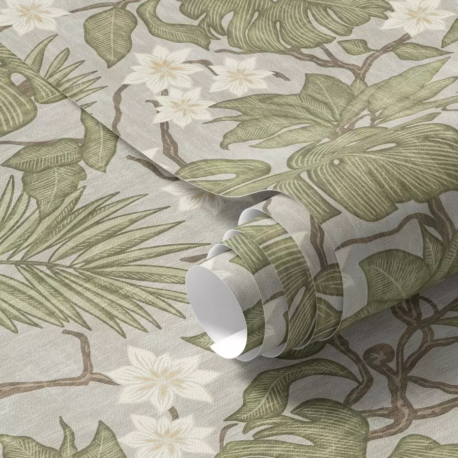 Fototapetai Atogrąžų monsteros lapai ir gėlės pilkame fone a00249