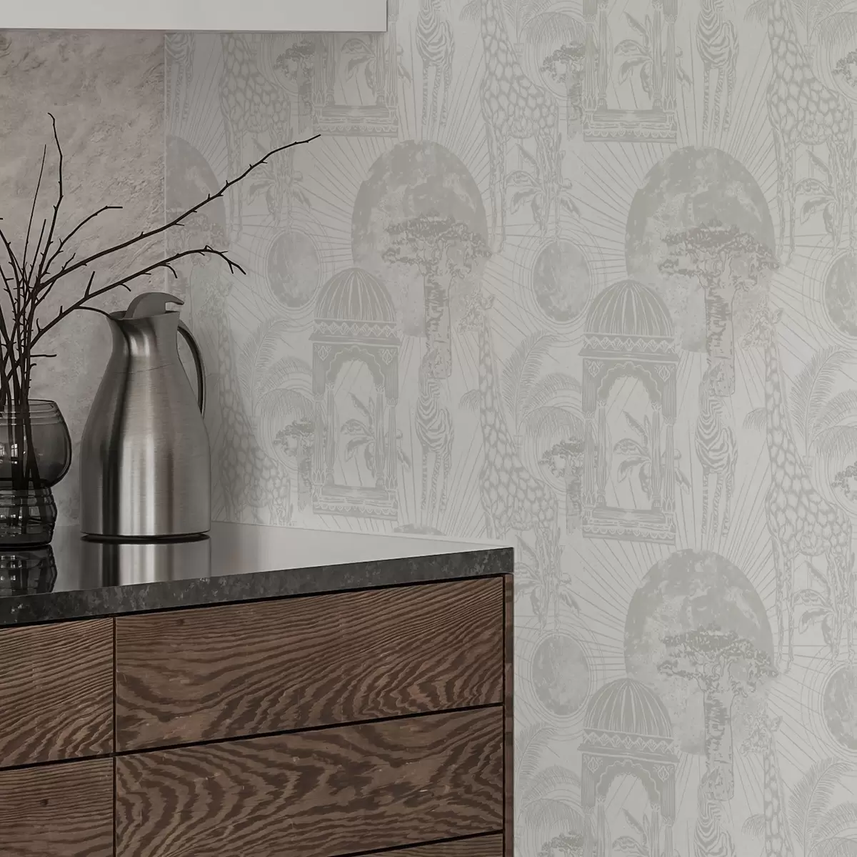 Tapetai Grafinė iliustracija su žirafa, zebru ir palmėmis a00276v1 Tapetai Grafinė iliustracija su žirafa, zebru ir palmėmis a00276v1