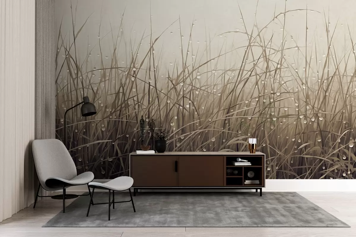 Fototapetai Žolė su vandens lašais, prislopinti rudi atspalviai, minkšta šviesa, miglotas fonas, abstraktus minimalistinis tekstūrinis stilius w09217v1