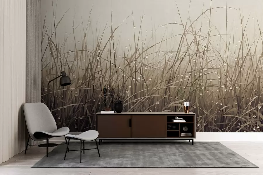 Fototapetai Žolė su vandens lašais, prislopinti rudi atspalviai, minkšta šviesa, miglotas fonas, abstraktus minimalistinis tekstūrinis stilius w09217v1