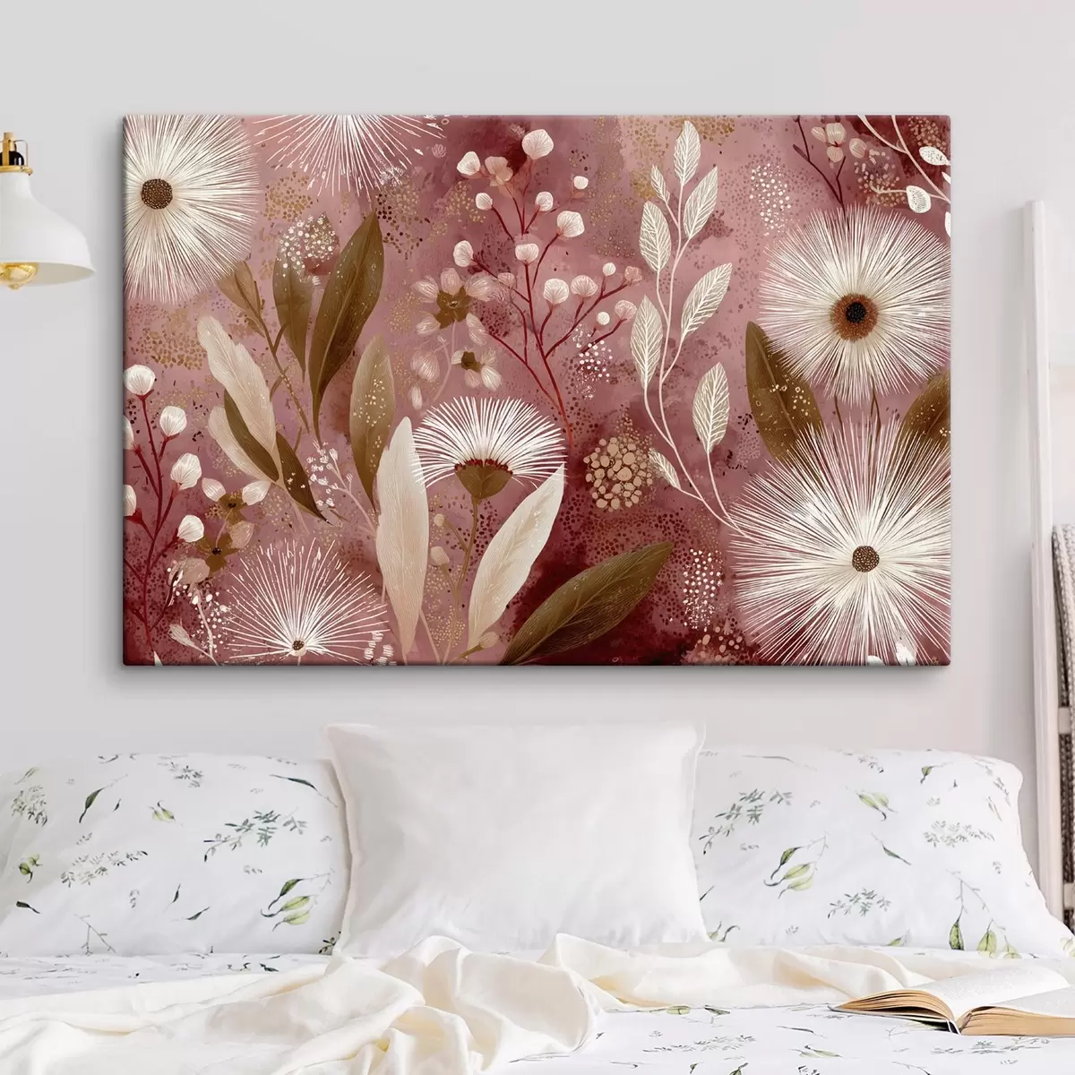 Paveikslėlis Boho stiliaus baltos gėlės raudoname fone, detalus piešinys s44979