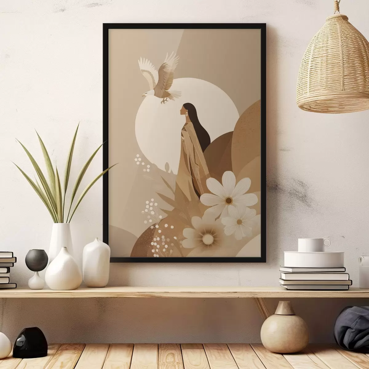 Plakatas Abstrakcija su moterimi ir ereliu danguje, smėlio spalvos f44978