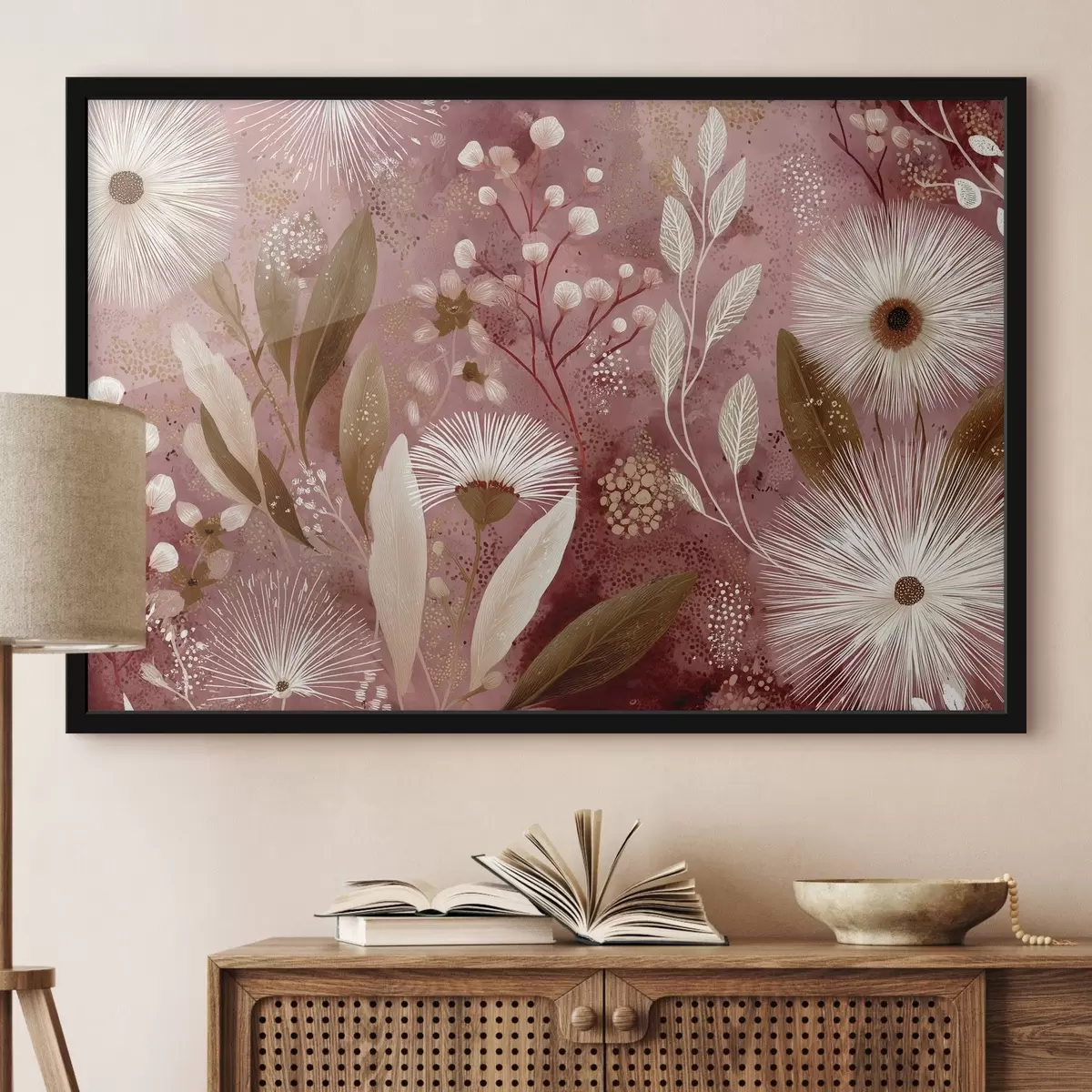 Plakatas Boho stiliaus baltos gėlės raudoname fone, detalus piešinys f44979