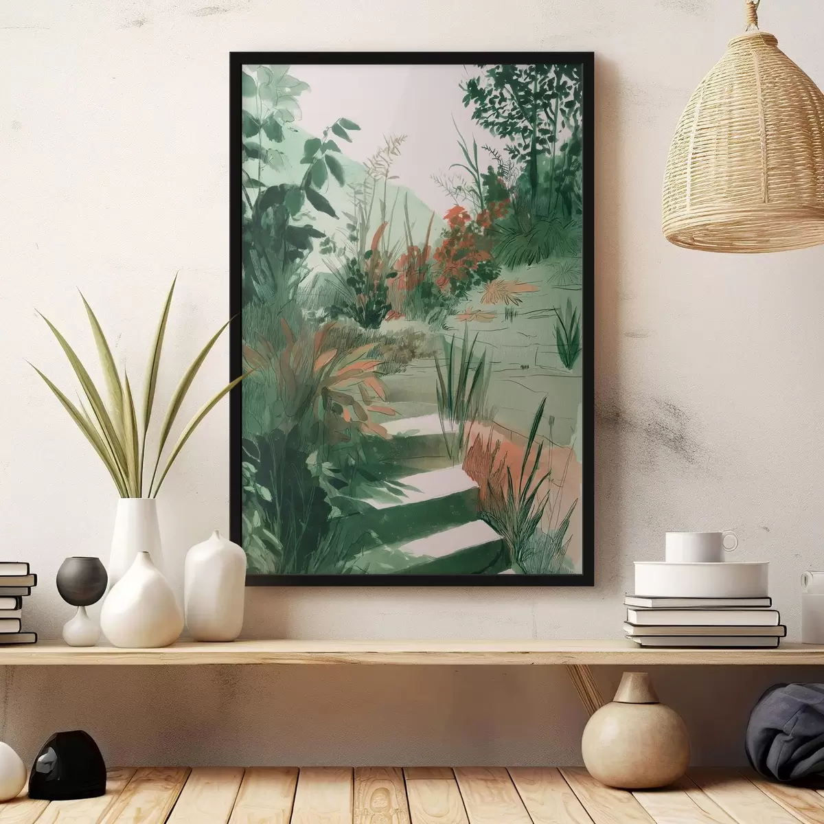 Plakatas Rytietiškas sodas su krūmais ir medžiais, žalios spalvos f44982