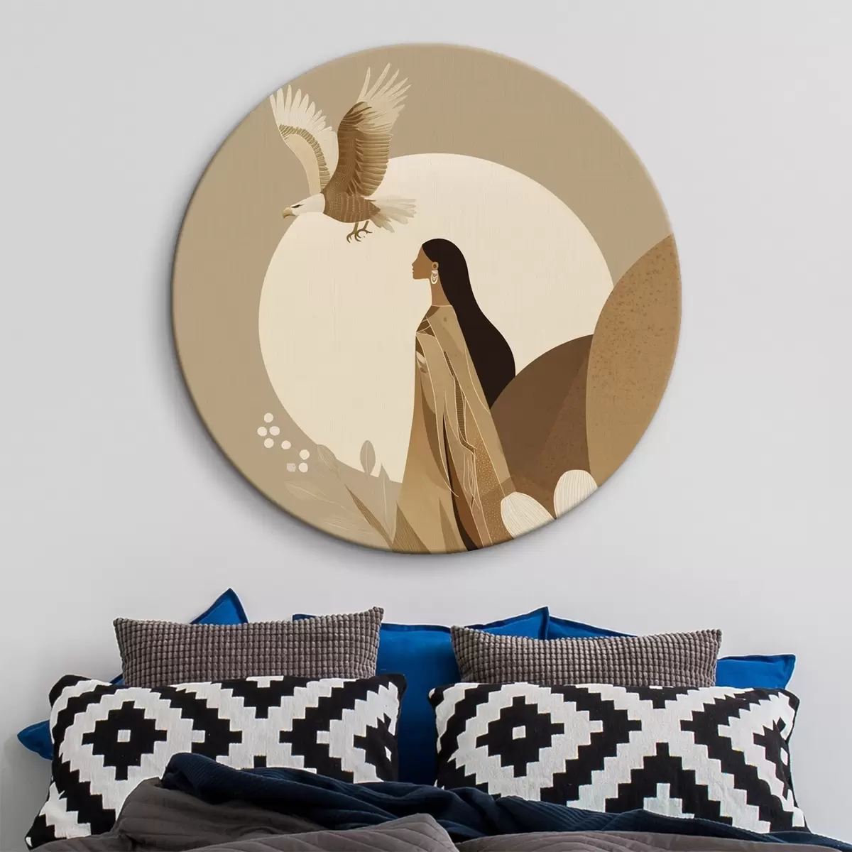 Apvalūs paveikslai Abstrakcija su moterimi ir ereliu danguje, smėlio spalvos r44978