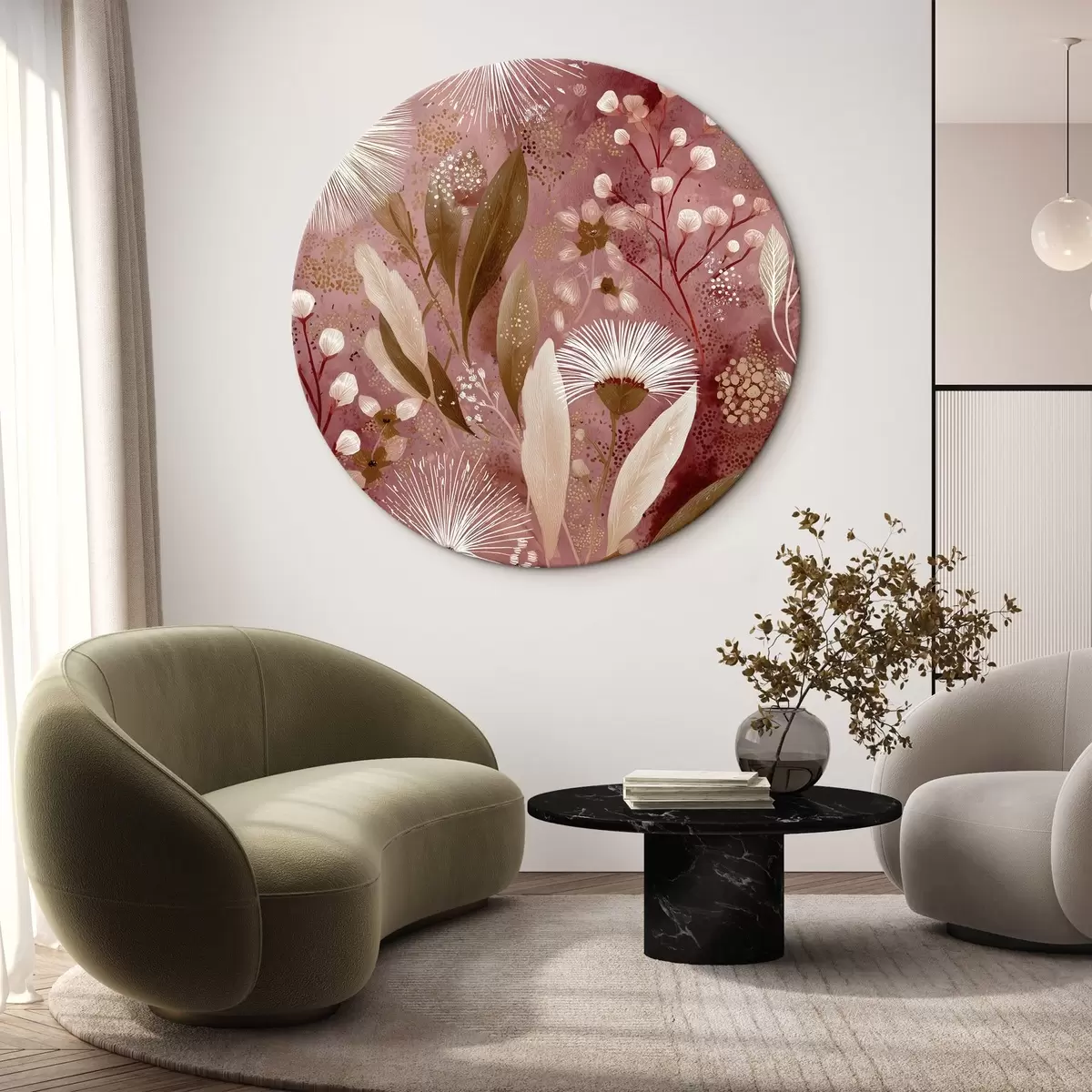 Apvalūs paveikslai Boho stiliaus baltos gėlės raudoname fone, detalus piešinys r44979