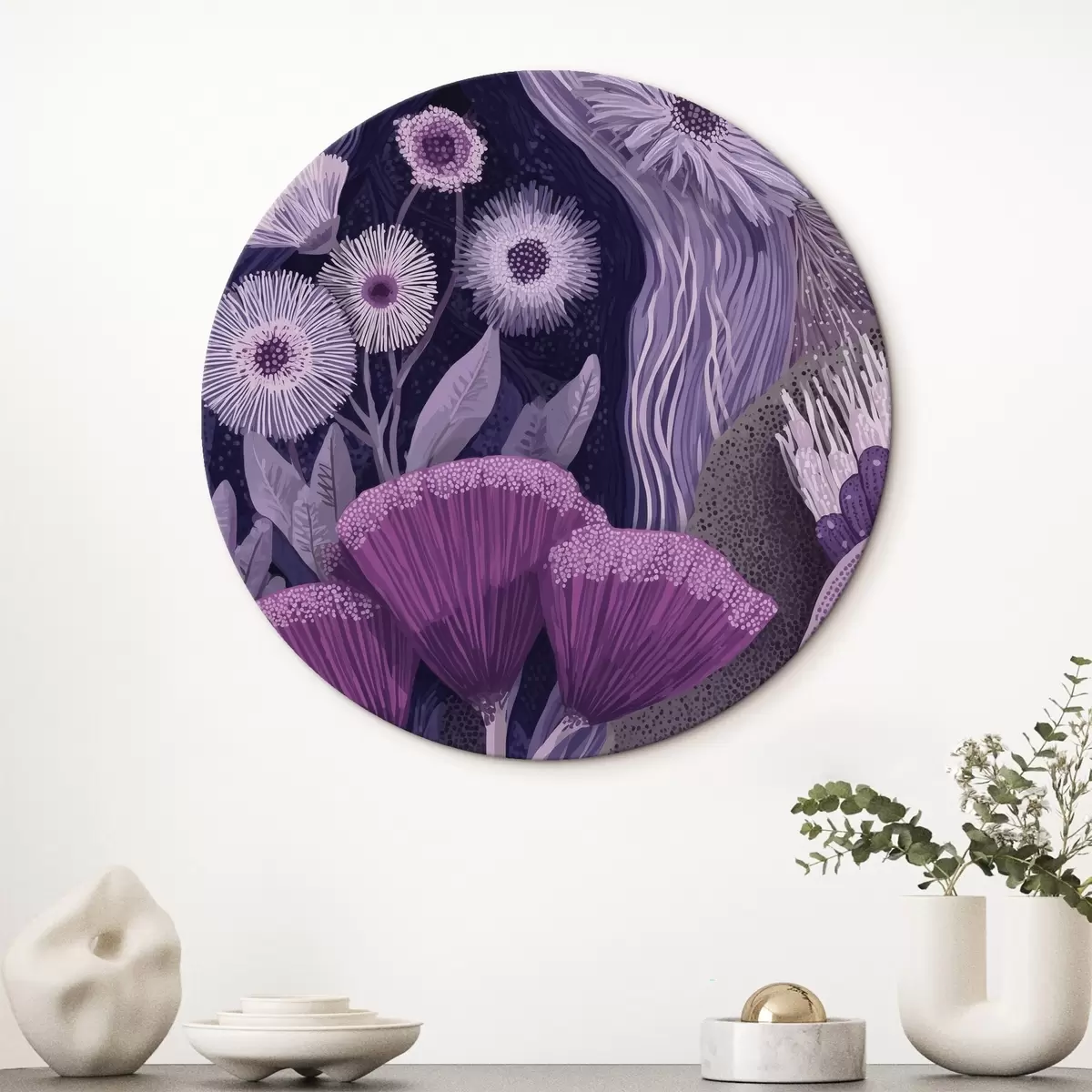 Apvalūs paveikslai Violetinės spalvos gėlių dizainas, detalus piešinys r44984