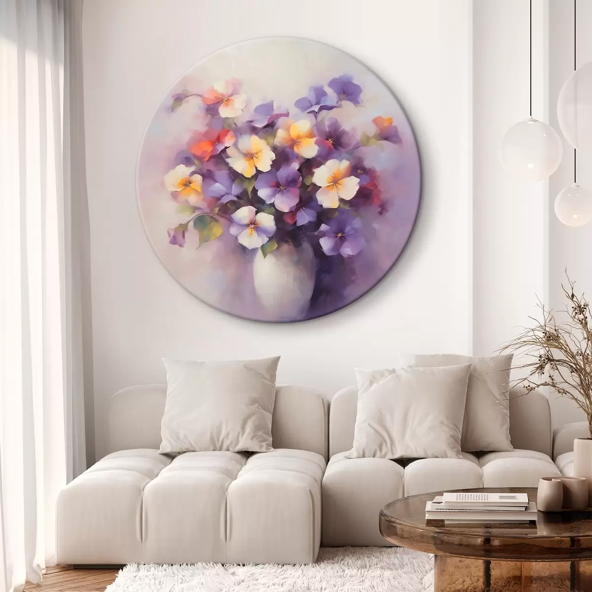 Apvalūs paveikslai Puokštė su violetinėmis r45012