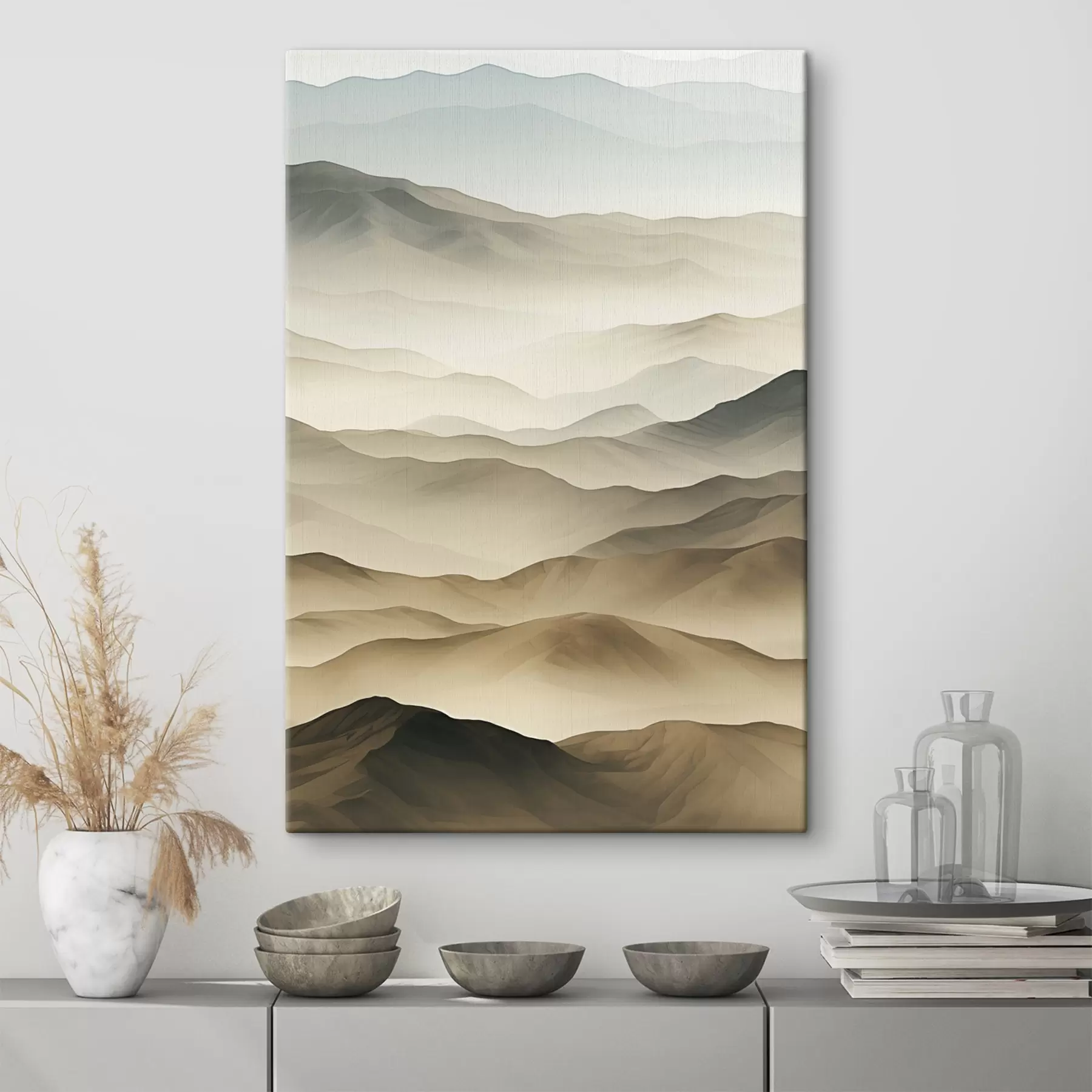Fototapetai kalvos, rūkas, neutralūs tonai, tekančios linijos, žemė, minkšti kraštai, gamta, gylis s45096
