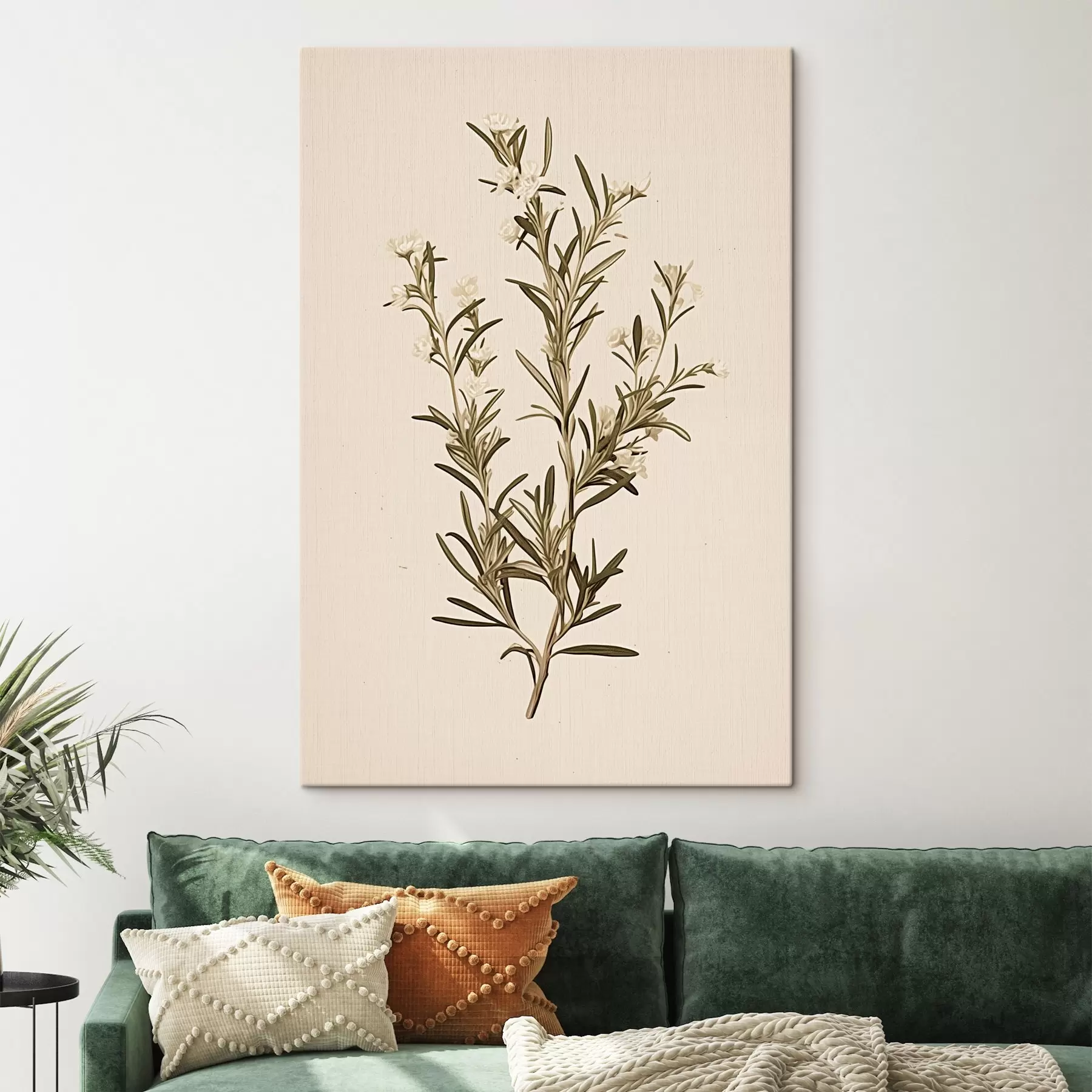 Paveikslėlis botaninis, smėlio spalvos fonas, minimalus, augalas, žali lapai, šakos, žolė, stiebas s45098