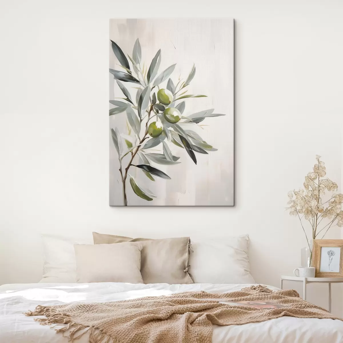 Paveikslėlis alyvmedžio šakelė, žali vaisiai, prislopinti tonai, lapai, minimalus, natūralus, aliejinė tapyba, botaninis s45109