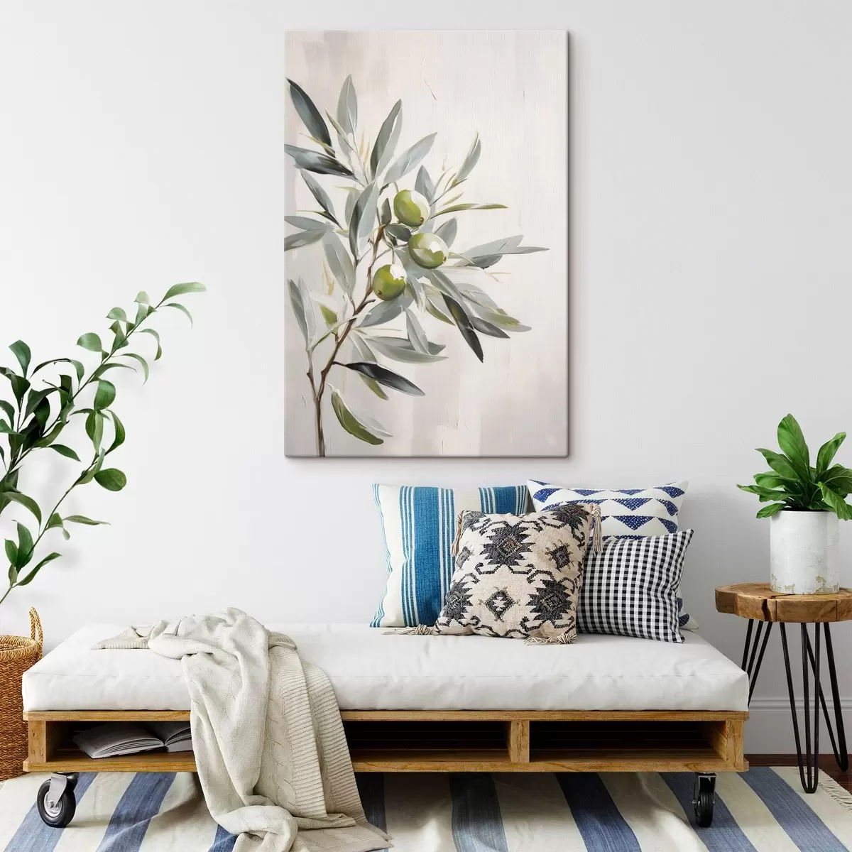 Paveikslėlis alyvmedžio šakelė, žali vaisiai, prislopinti tonai, lapai, minimalus, natūralus, aliejinė tapyba, botaninis s45109