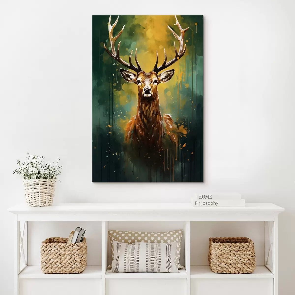 Paveikslėlis elnias, ragai, miško žalia, oranžinė purslų, gyvūnų portretas, dažų lašėjimas, drąsus, laukinė gamta s45111