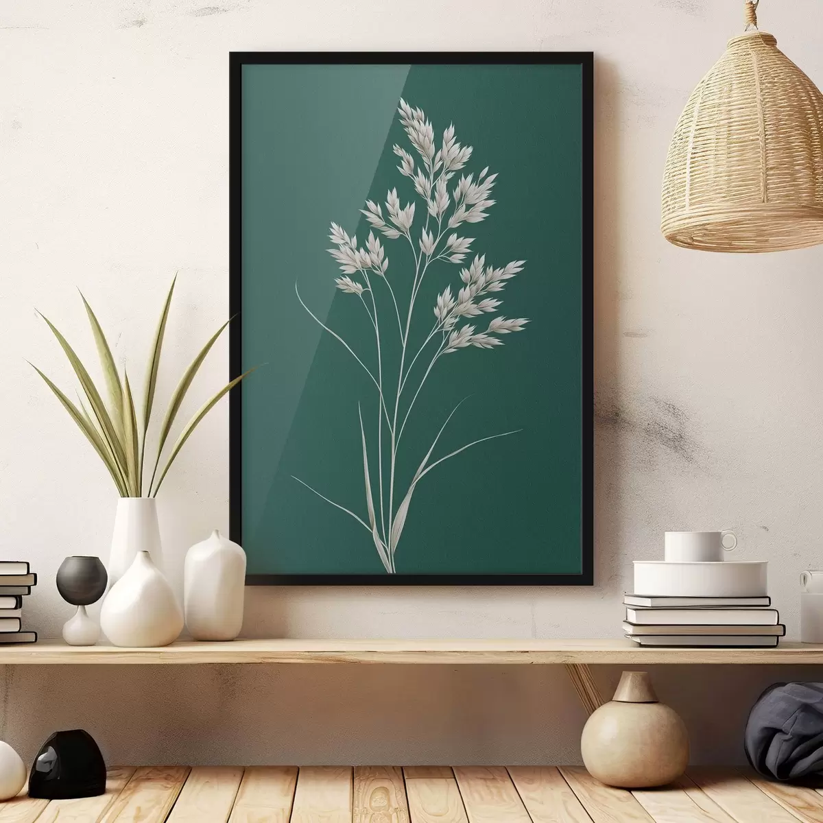 Plakatas botaninis, minimalus, žolė, stiebas, žalias fonas, natūralus, augalas, plokščias f45091